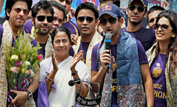 Mamata Banerjee felicitated Kolkata Knight Riders after they won IPL 5 in 2012. The celebrations on such lines are expected to be re-lived at the Eden Gardens on Tuesday. Photo: AP/ File Mamata Banerjee felicitated Kolkata Knight Riders after they won IPL 5 in 2012. The celebrations on such lines are expected to be re-lived at the Eden Gardens on Tuesday. Photo: AP/ File